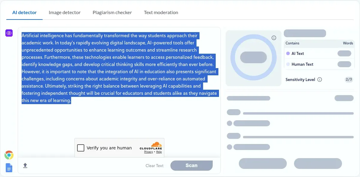 Copyleaks AI detector with text A pasted and a Cloudflare Verify you are human checkbox over the editor, result panel still loading
