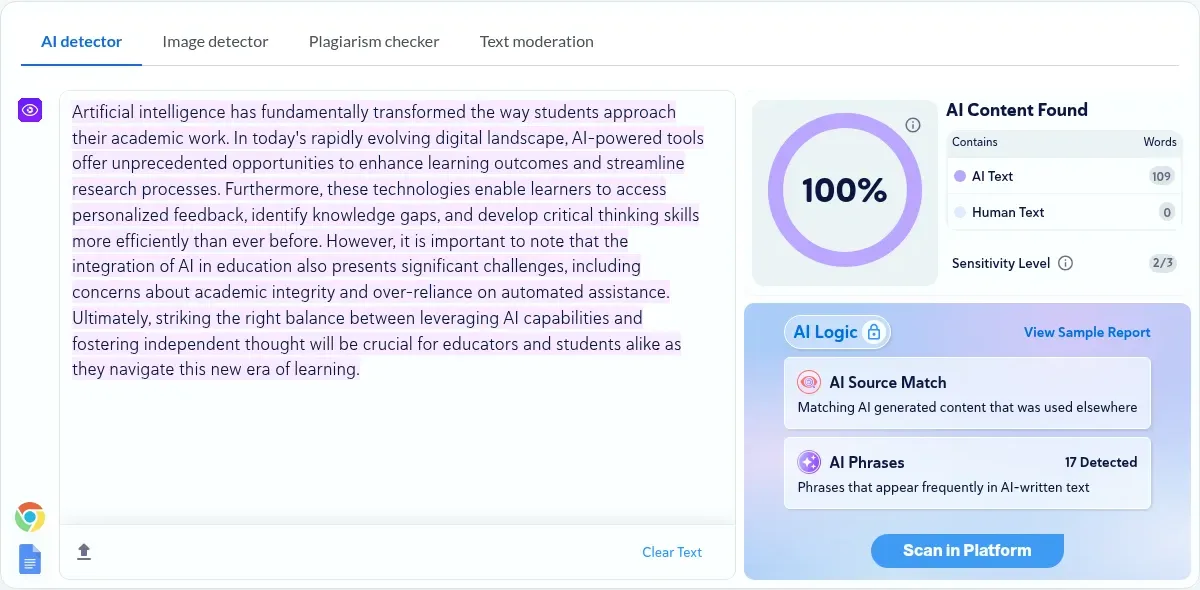 Copyleaks AI detector showing 100% AI Content Found for text A, 109 AI words, 0 human, 17 AI Phrases detected, AI Logic locked