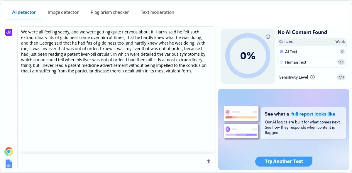 Copyleaks AI detector showing 0% No AI Content Found for the 1889 Jerome K. Jerome passage, 145 human words, Try Another Text button