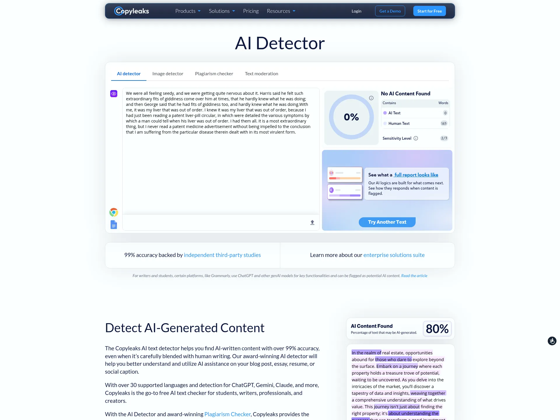Copyleaks AI Detector showing 0% and No AI Content Found for the 1889 passage