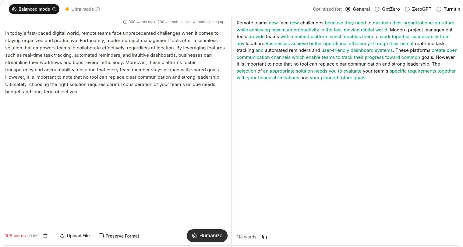 HumanizeAI.com free humanizer with the workplace paragraph on the left, the rewrite with changes in green on the right, and the counter reading 108 words, 0 left