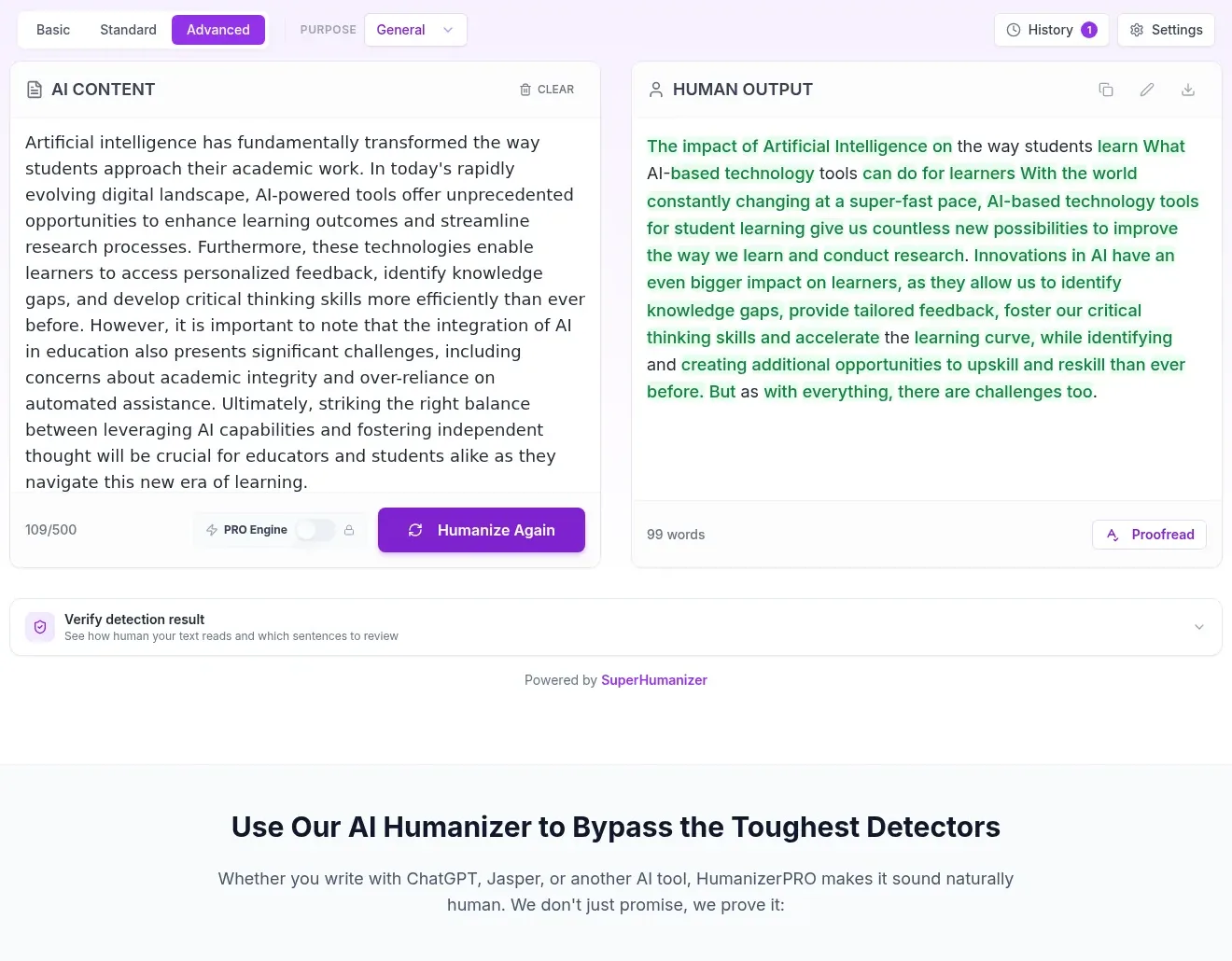 HumanizerPRO free Advanced mode with our education paragraph on the left and its 99-word output on the right