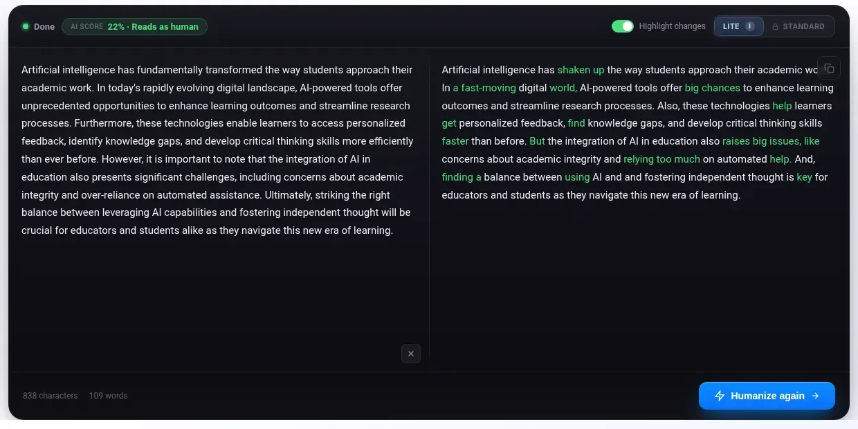Walter Writes free Lite humanizer showing the education paragraph on the left, the rewrite on the right with changes in green, and AI SCORE 22% Reads as human