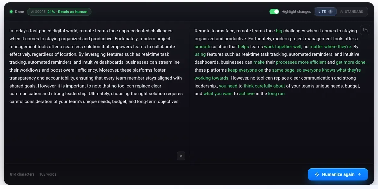 Walter Writes free Lite humanizer with the workplace paragraph on the left and its rewrite on the right, including the repeated phrase Remote teams face, remote teams face, and AI SCORE 21% Reads as human
