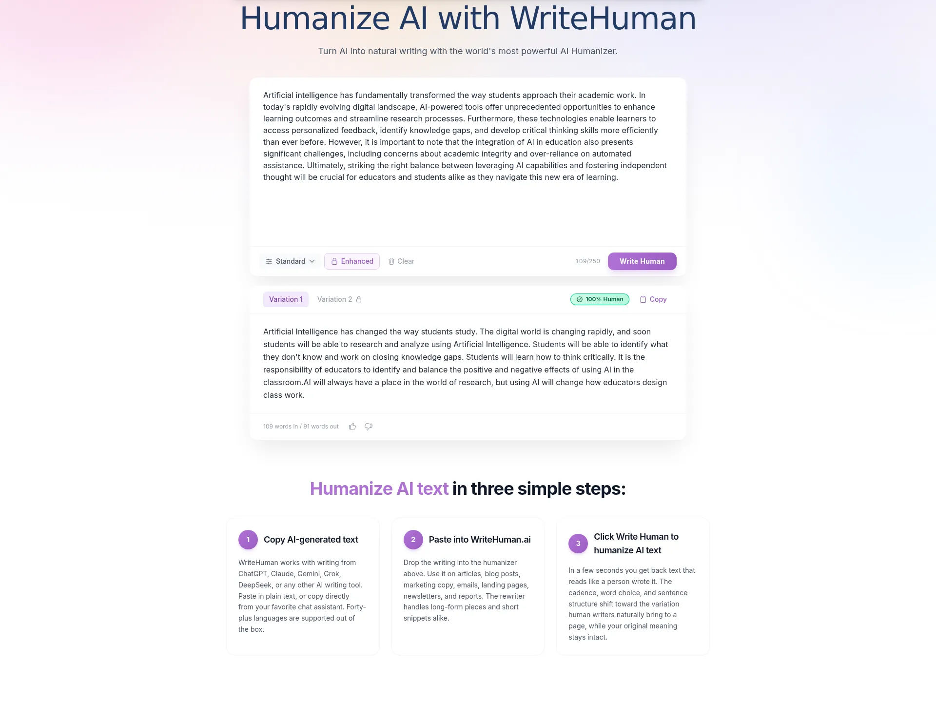 WriteHuman free Standard mode showing our input and its rewritten output with a 100% Human badge